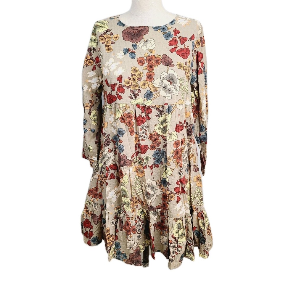 NEW Natural Life Heidi Boho Brown Floral Tiered Mini Dress 3/4 Sleeve Cottage S‎